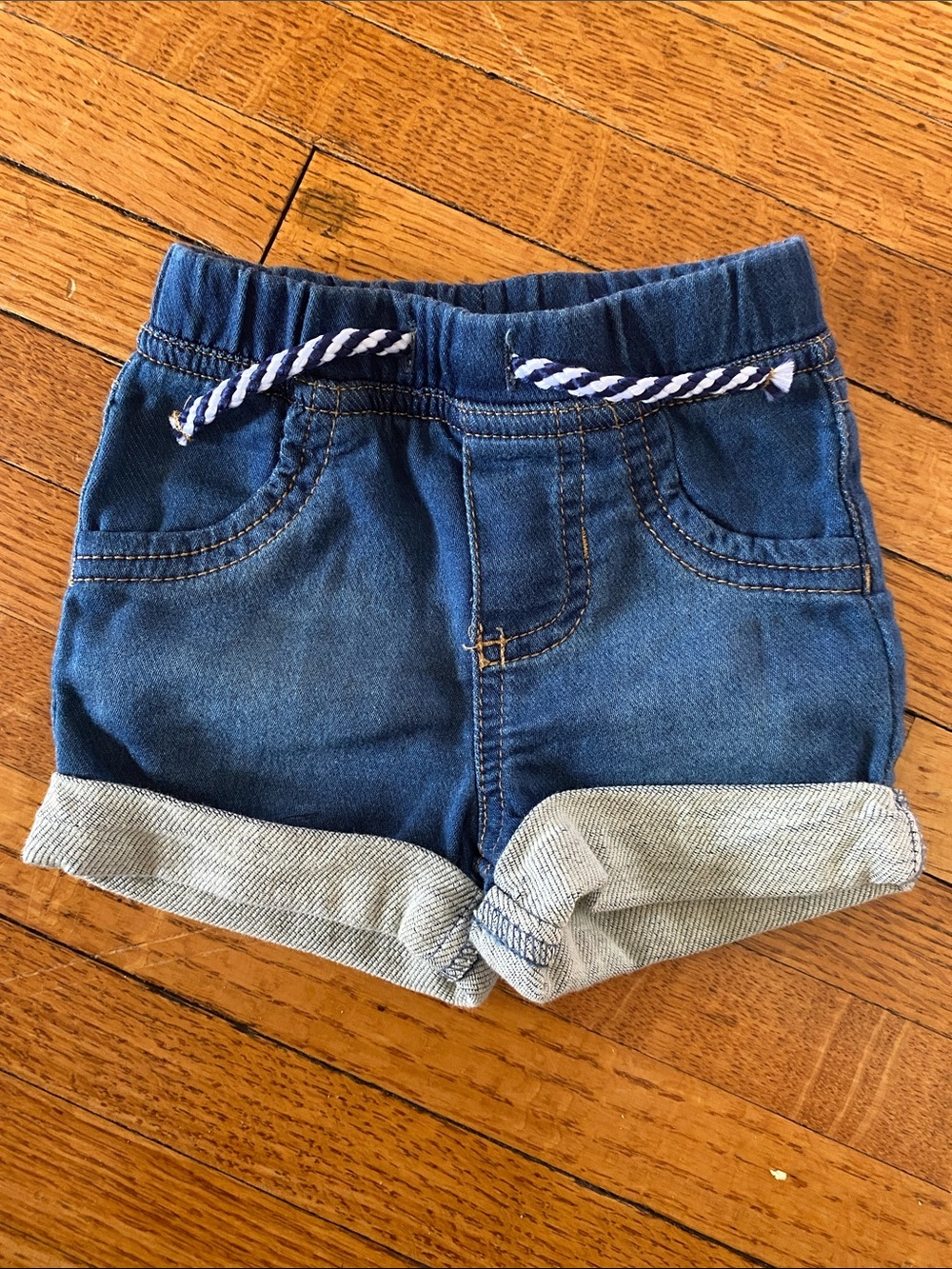 Cat & Jack Denim-Look Pull-On Shorts in Blue with Navy Stripe Drawcord